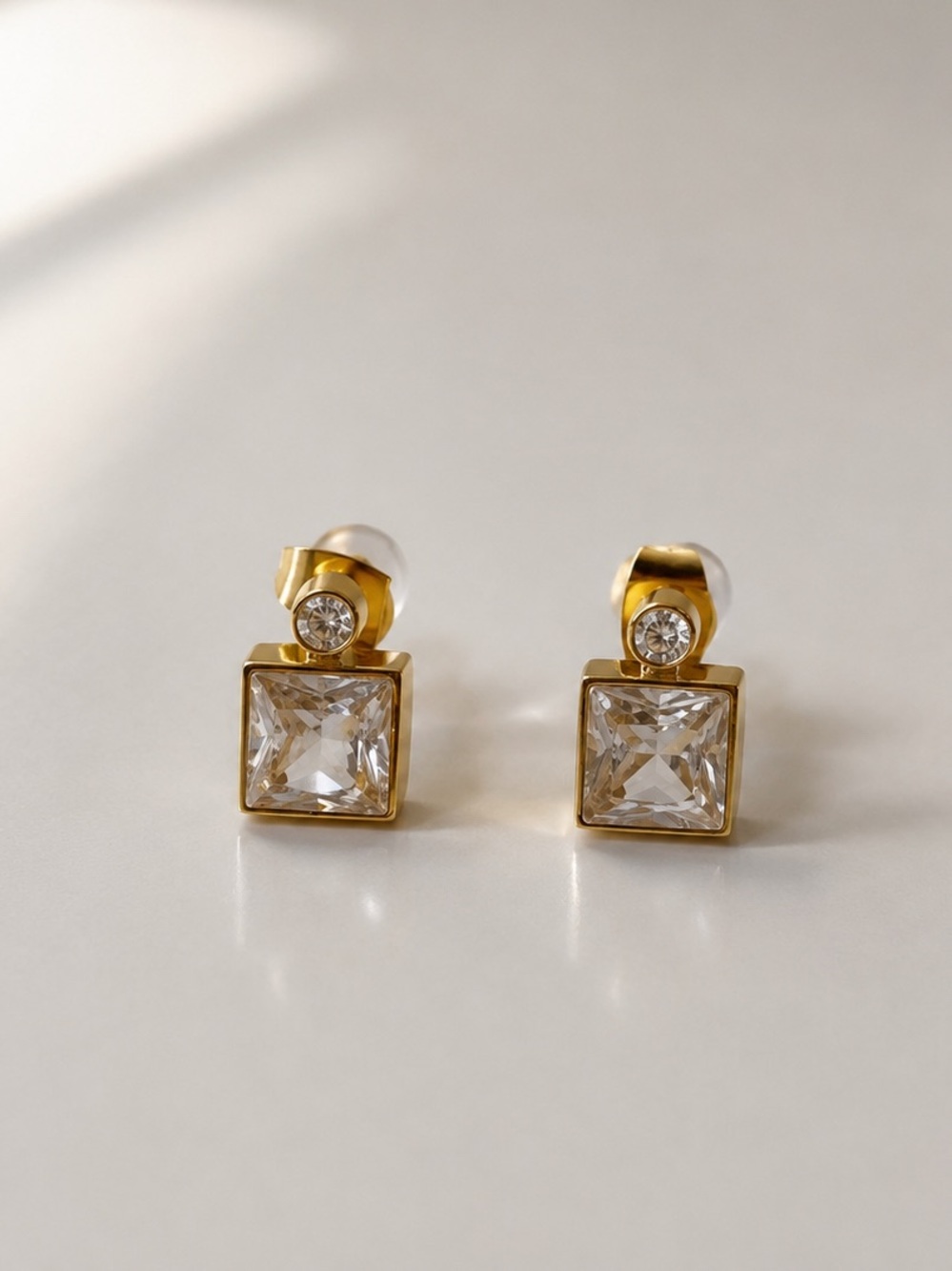 18k gold plated stainless steel classic crystal square stud earrings